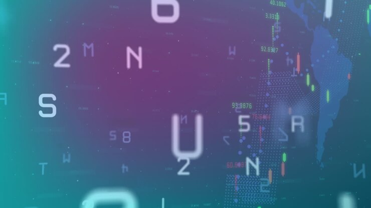 Animation of changing numbers, alphabets, financial data processing on purple gradient background