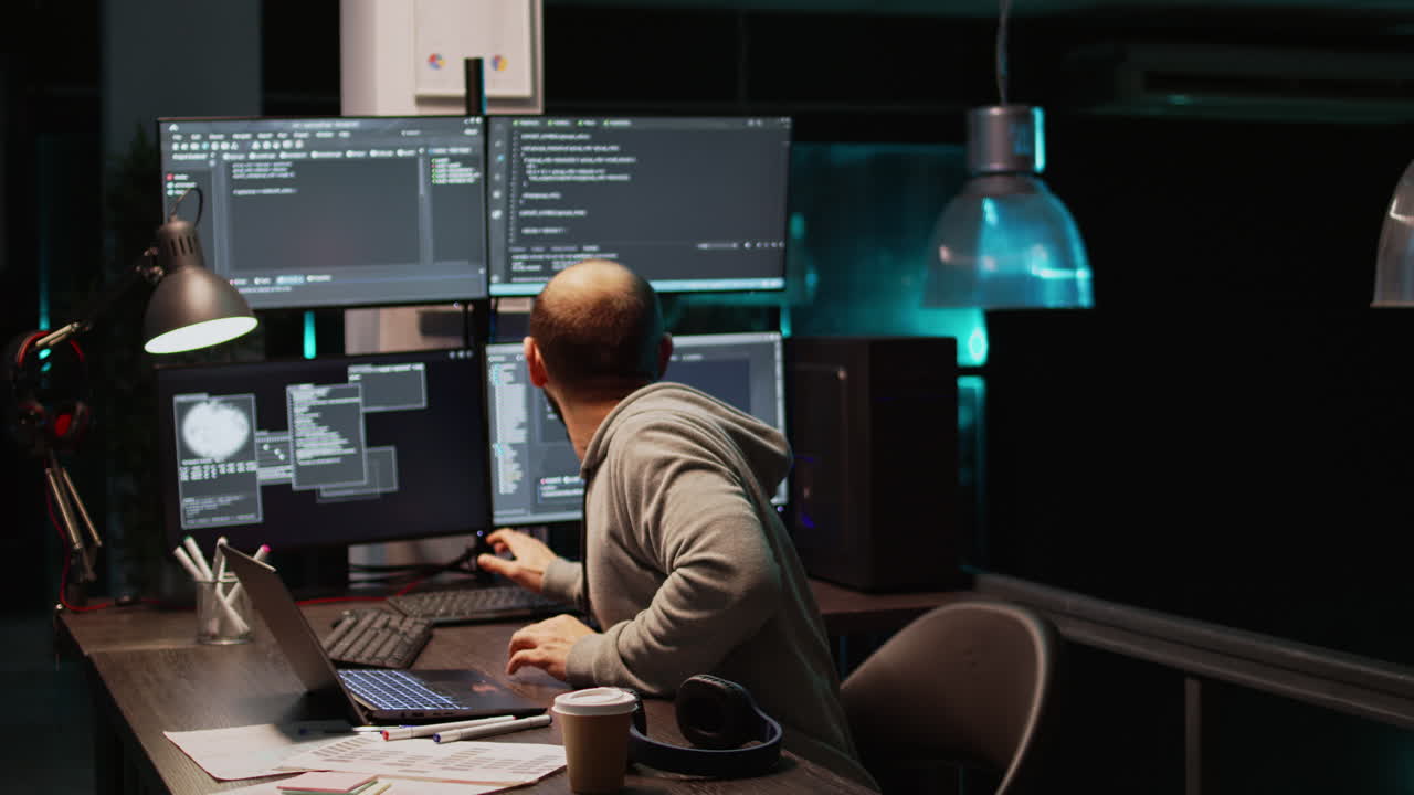 Programmer working on code in a dark office