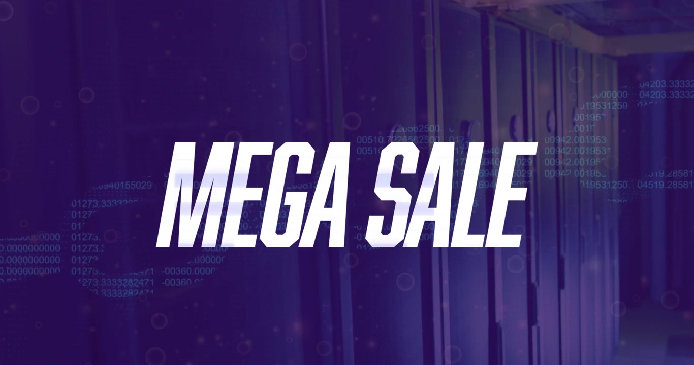 Animation of mega sale text with data processing over server room