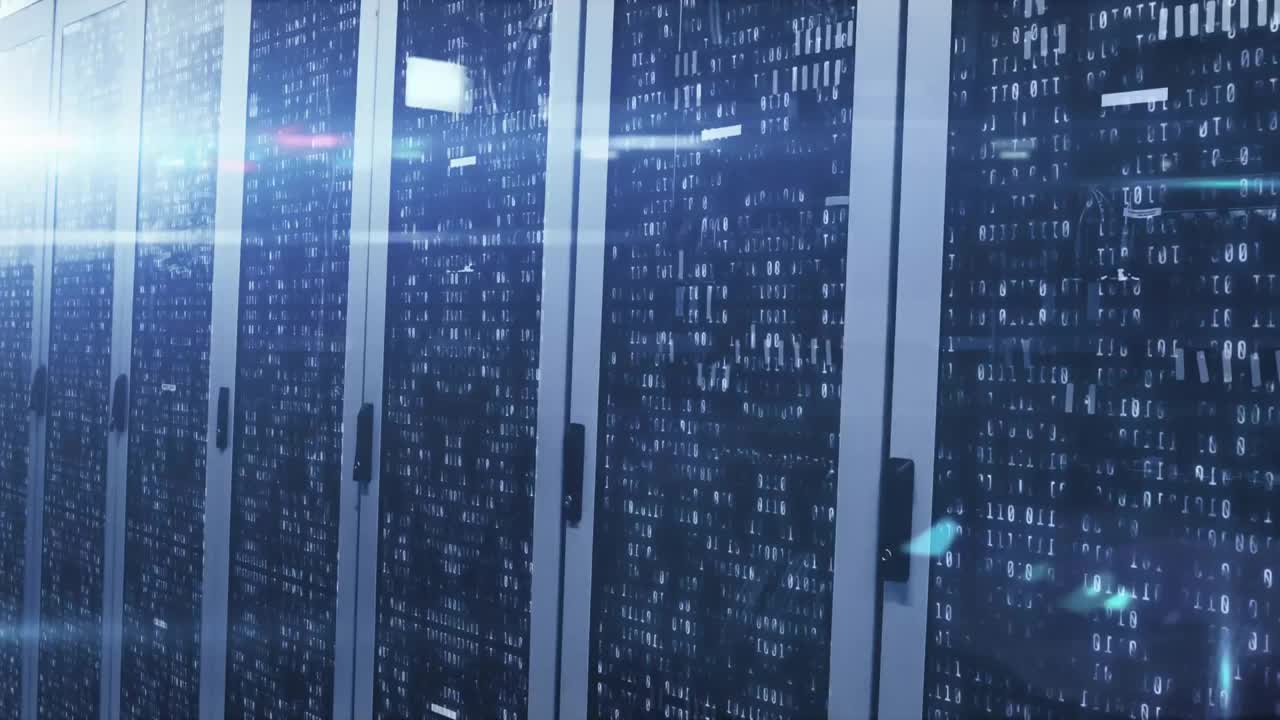 Animation of network of connections with icons and data processing over computer servers