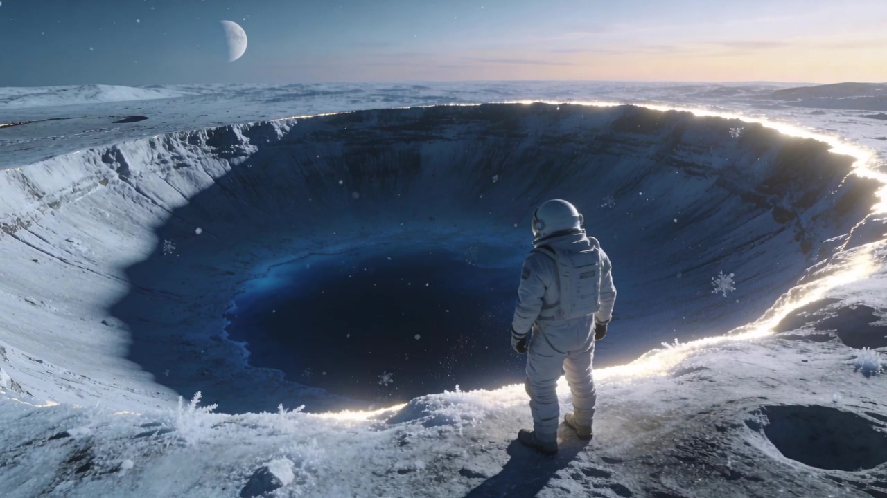 Standing astronaut in white suit-pack studying crater rim on frozen-plain as low sun grazes, snow