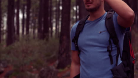 man hiking through a forest