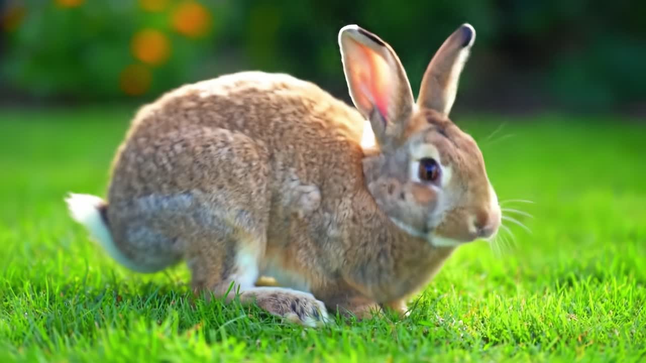 A brown rabbit explores a vibrant garden filled with colorful flowers. The sun shines brightly as the rabbit hops around, enjoying the lush grass and warm weather.