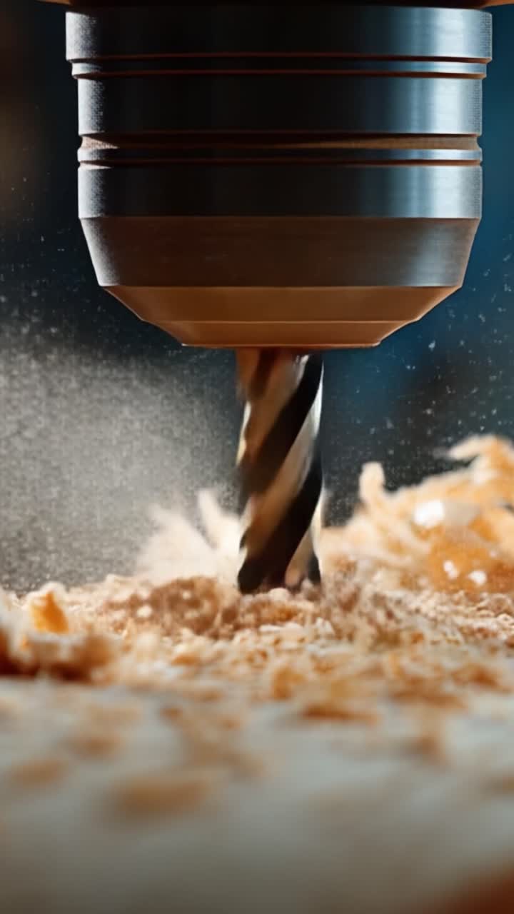 Lavorazione del legno di precisione: un primo piano di una potente punta da trapano in azione, che crea trucioli fini e polvere su un bellissimo pezzo in lavorazione su una superficie di legno