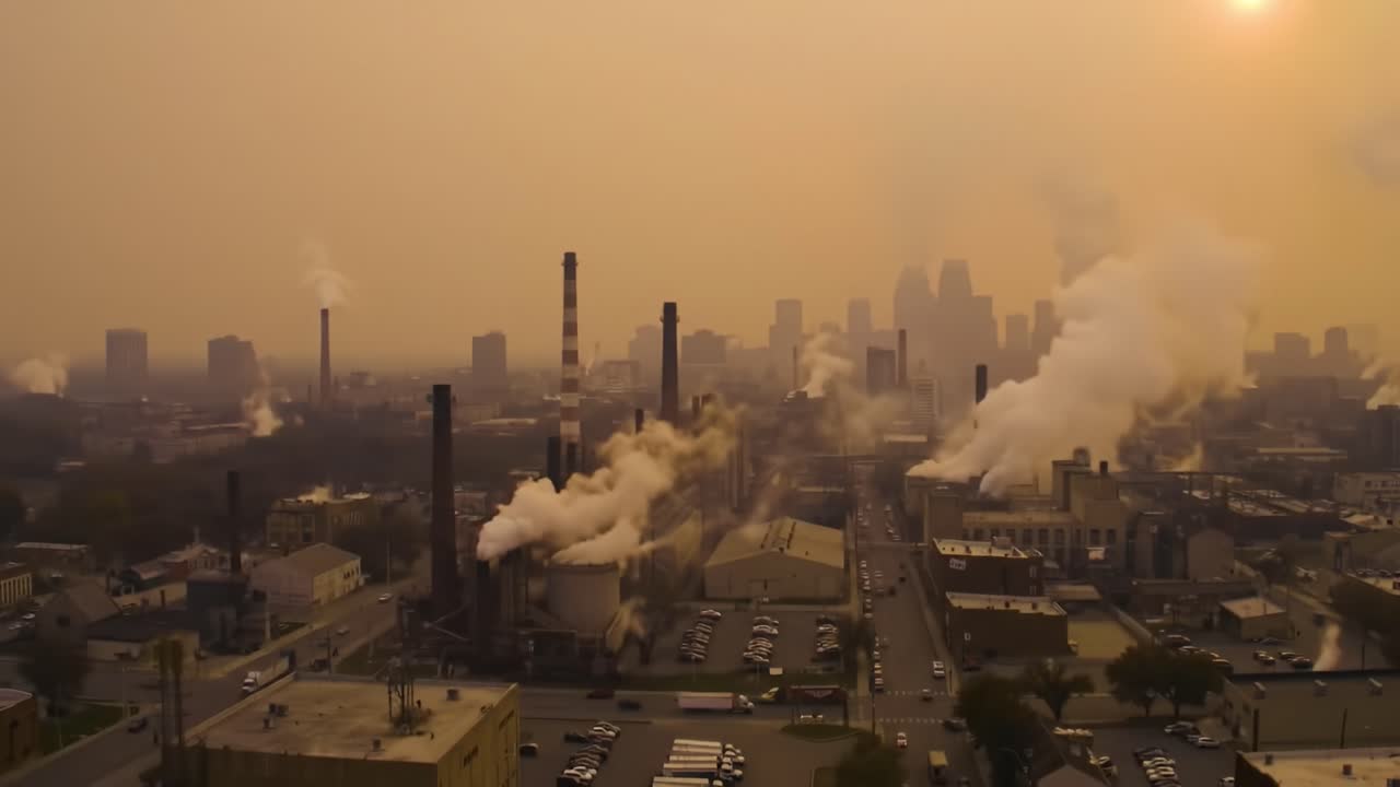 Aerial View of Urban Industrial Landscape Shrouded in Haze with Emissions from Factories Against the Backdrop of a Smoky Sunset