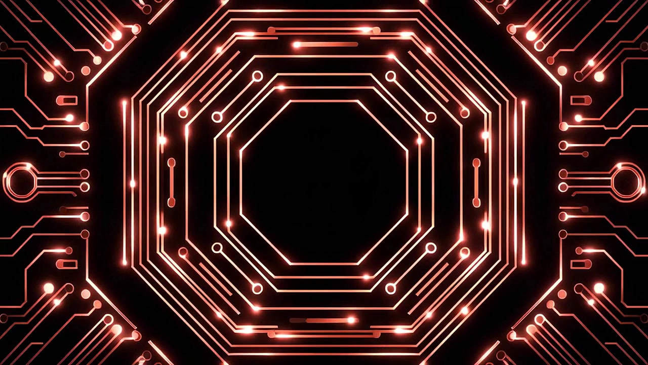 Scheda di circuito digitale astratta con linee rosse luminose e un ottagono