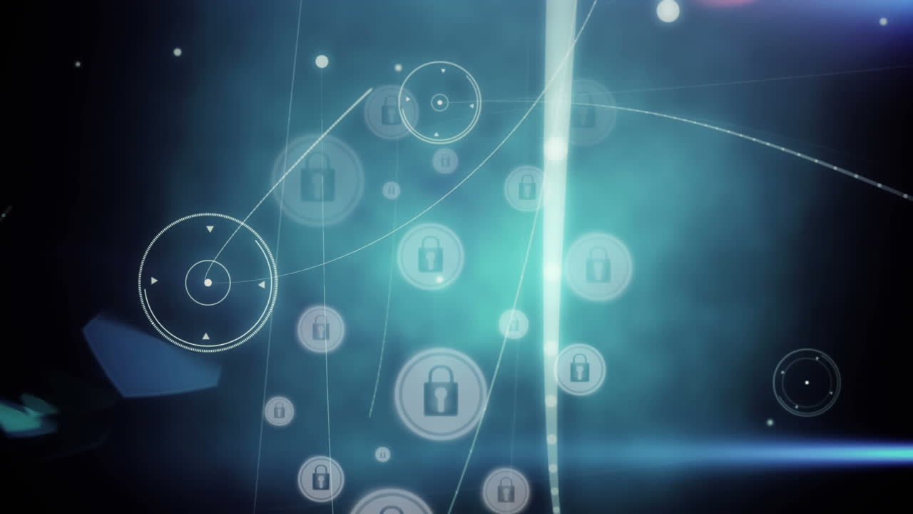 Digital animation of network of connections over multiple security padlock icons on blue background