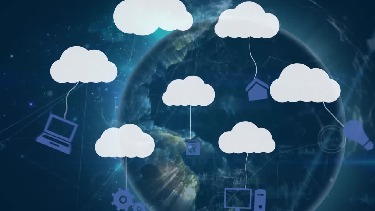 animación de nubes digitales con dispositivos electrónicos y procesamiento de datos en todo el mundo