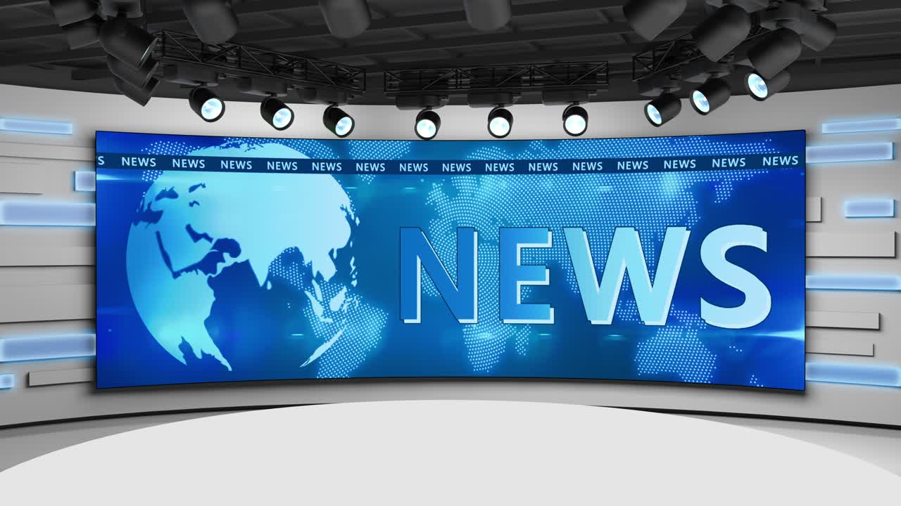 Tv studio. News room. Blye and red background. General and close-up shot. News Studio. Studio Background. Newsroom bakground. The perfect backdrop for any green screen or chroma key video production. Loop. 3D rendering