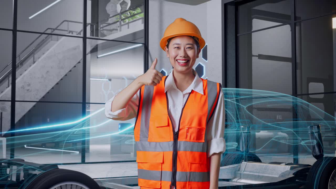 여성 엔지니어가 현대적인 전기 차량 디자인을 승인합니다.