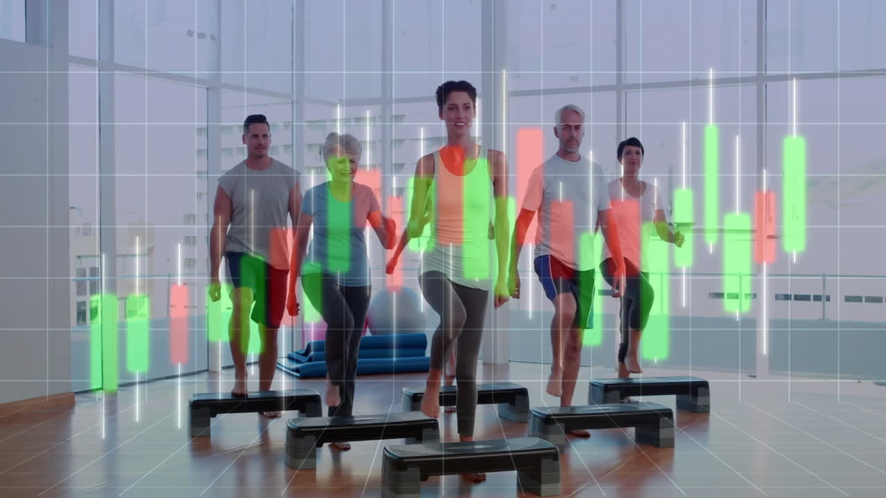 Group performing step aerobics in fitness studio, with animated heart icons and floating charts