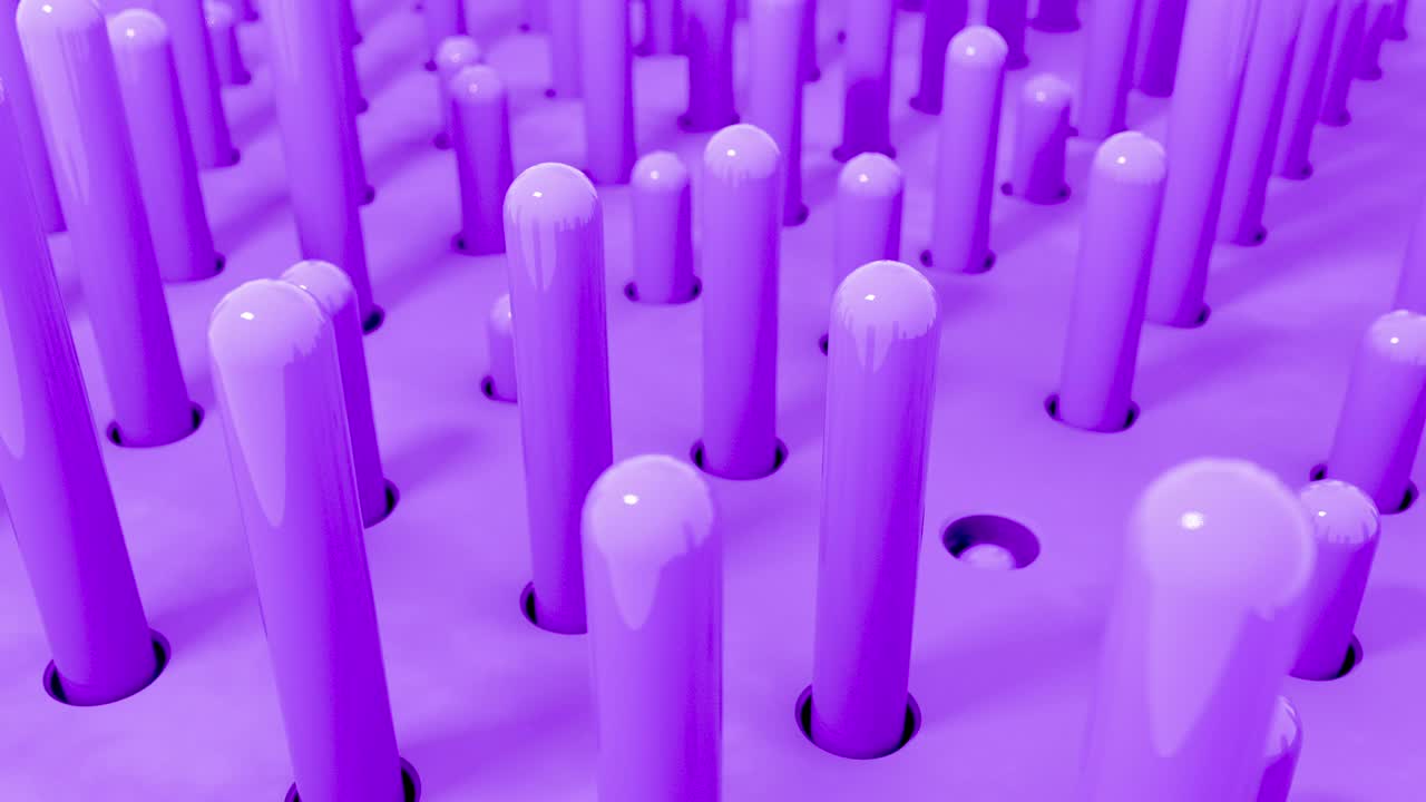 3d formas de cilindro volando agujeros de introducción en colores púrpura pastel. 4k animación de renderización de bucle sin costuras.