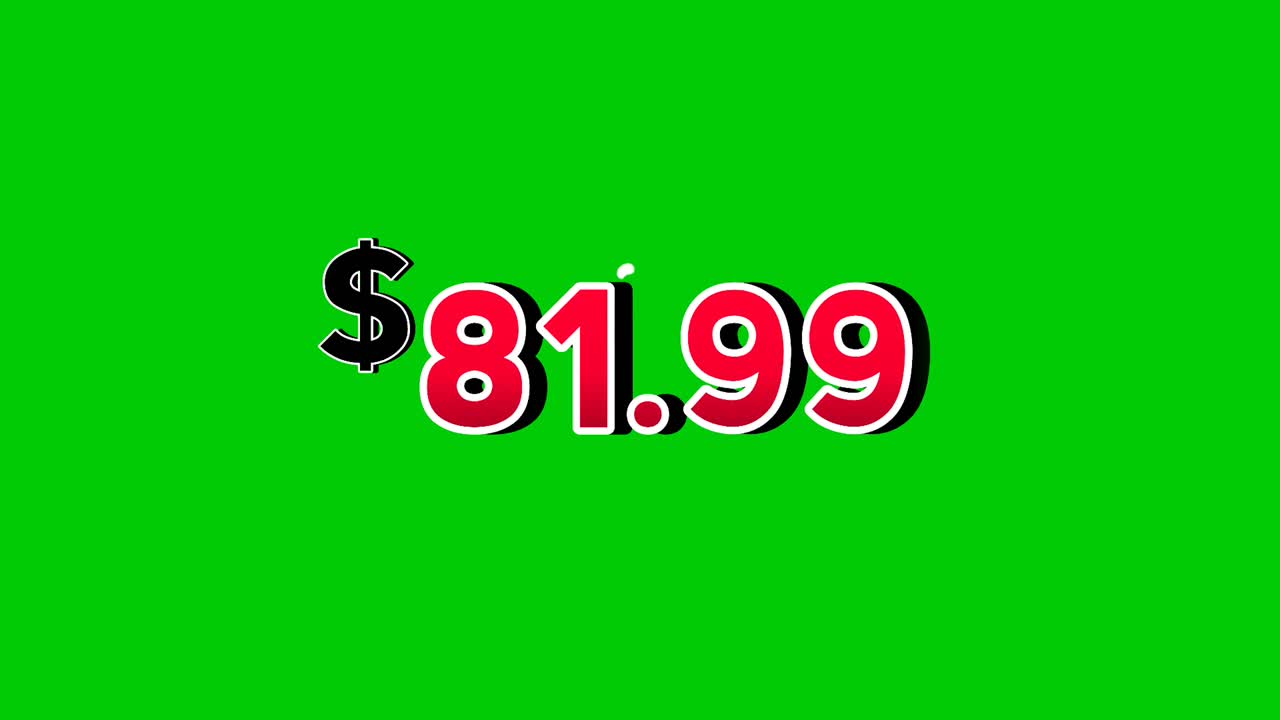 Yeşil ekran arka planında duman efektli, animasyonlu kırmızı 81,99 dolarlık fiyat etiketi hareketli grafikler. Reklamlar, e-ticaret, perakende, indirimler ve tanıtım videoları iş konsepti video öğesi için mükemmeldir