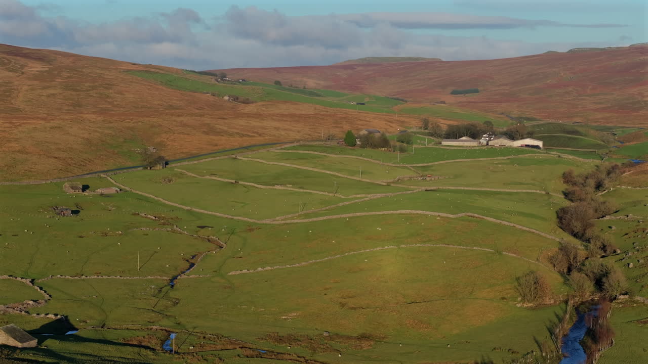 estableciendo una toma aérea de drones de los valles de yorkshire paisaje campos de ovejas en la hora de oro reino unido
