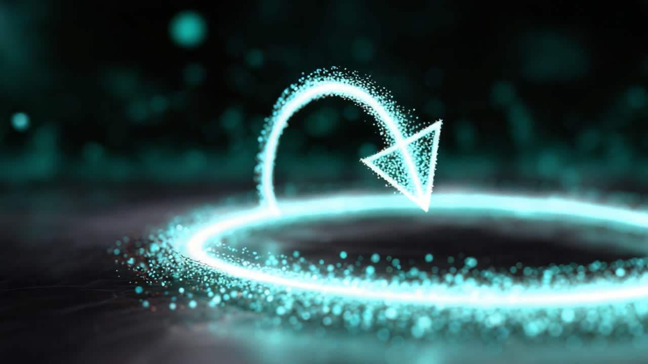 A Captivating Visual of Dynamic Particles Forming a Mesmerizing Circular Motion with a Triangular Arrow Shimmering in Turquoise against a Dark Background