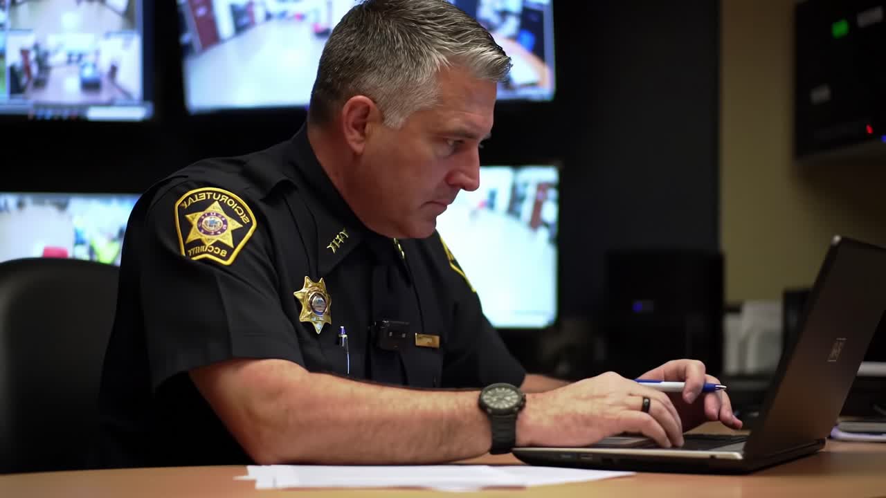A Focused Officer Analyzing Surveillance Footage and Data from a Command Center with Multiple Monitors Displaying Security Feeds and Operations Information