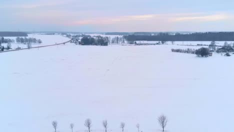 Snow-covered-field-in-early-morning-in-Netherlands,-aerial-backwards-fly