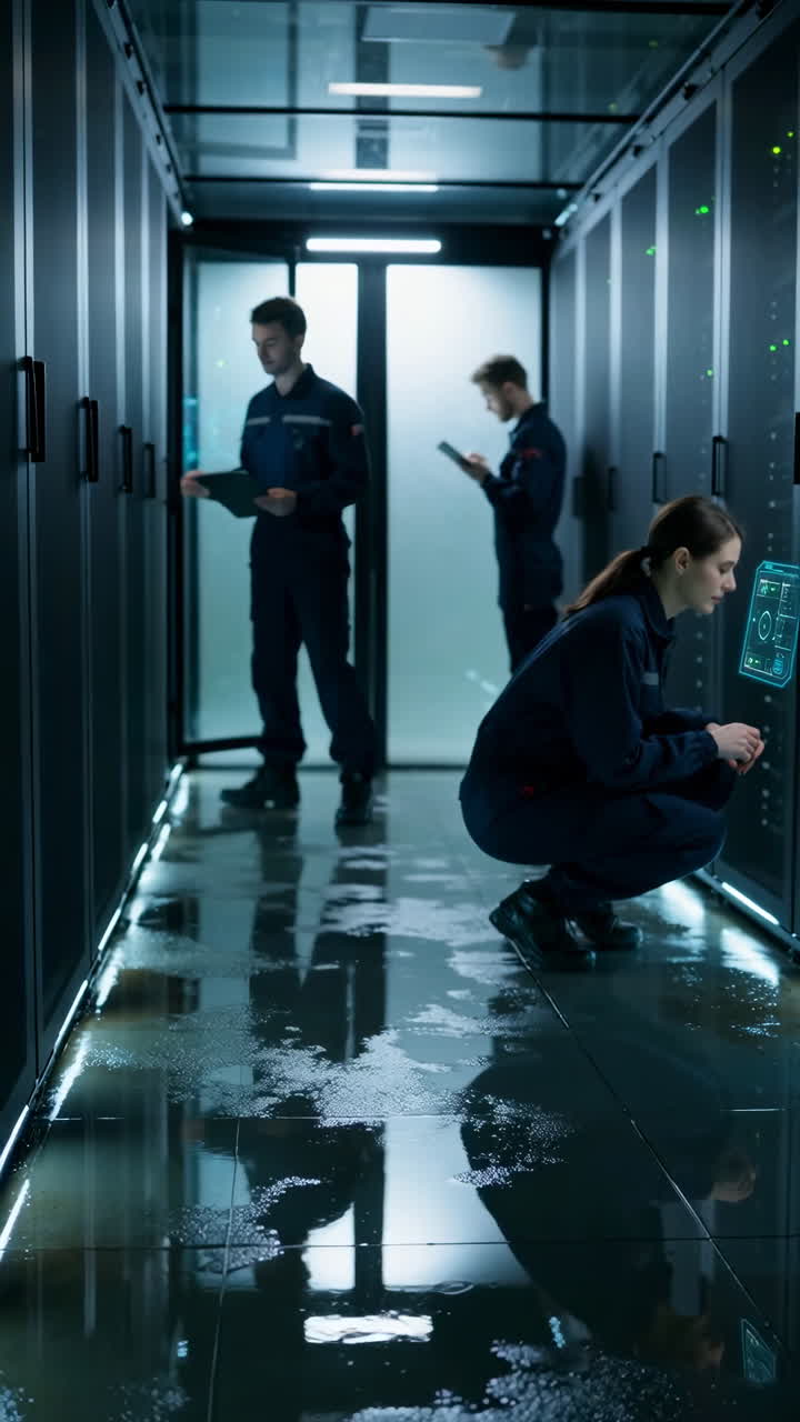 Tecnici al lavoro in un data center con un pavimento bagnato e riflettente