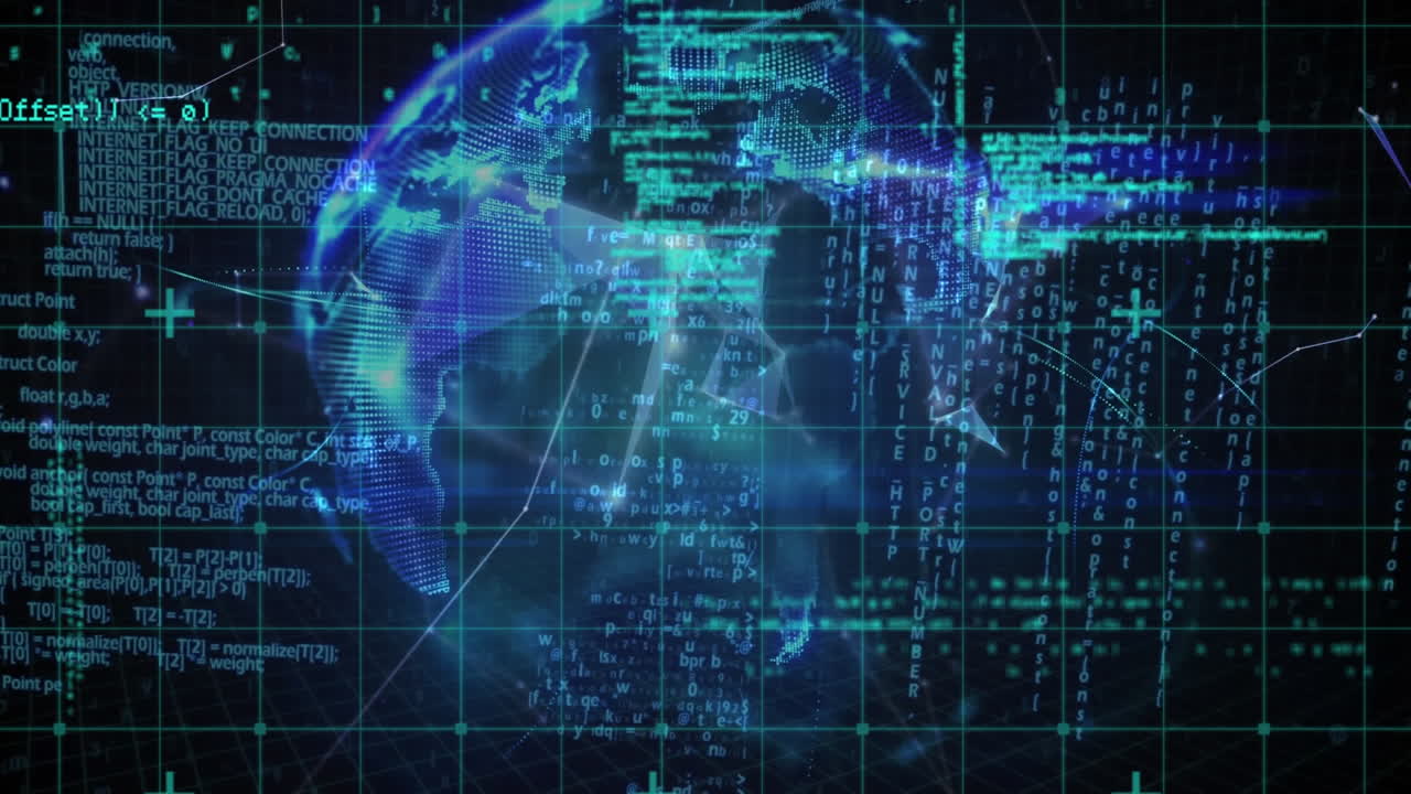Animation of green shapes and globe over data processing on black background