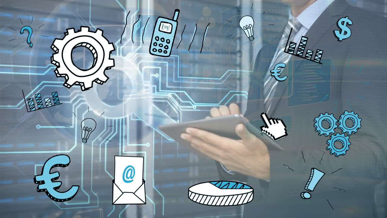 animación de diversos iconos sobre el procesador y el hombre usando la tableta