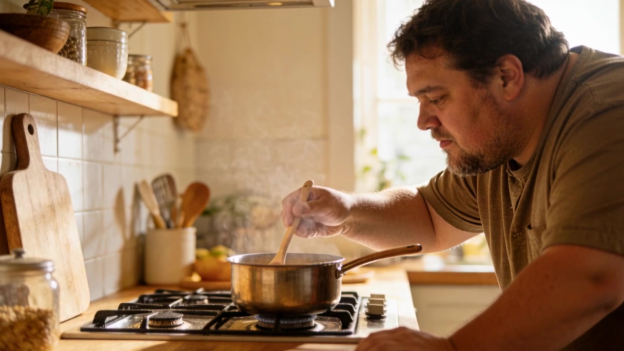 Homem de camiseta mexendo com colher sobre panela em queimador aceso na cozinha, evitando derramar, com espaço para texto