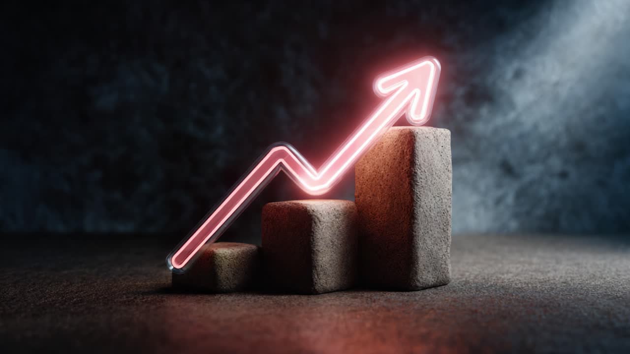 A Captivating Visual Representation of Growth with a Neon Arrow Progressing Upward Over Textured Stone Blocks Signifying Financial Success and Advancement