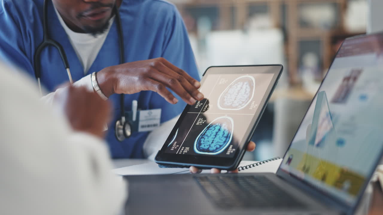 Doctor, hands and tablet with x ray brain scan