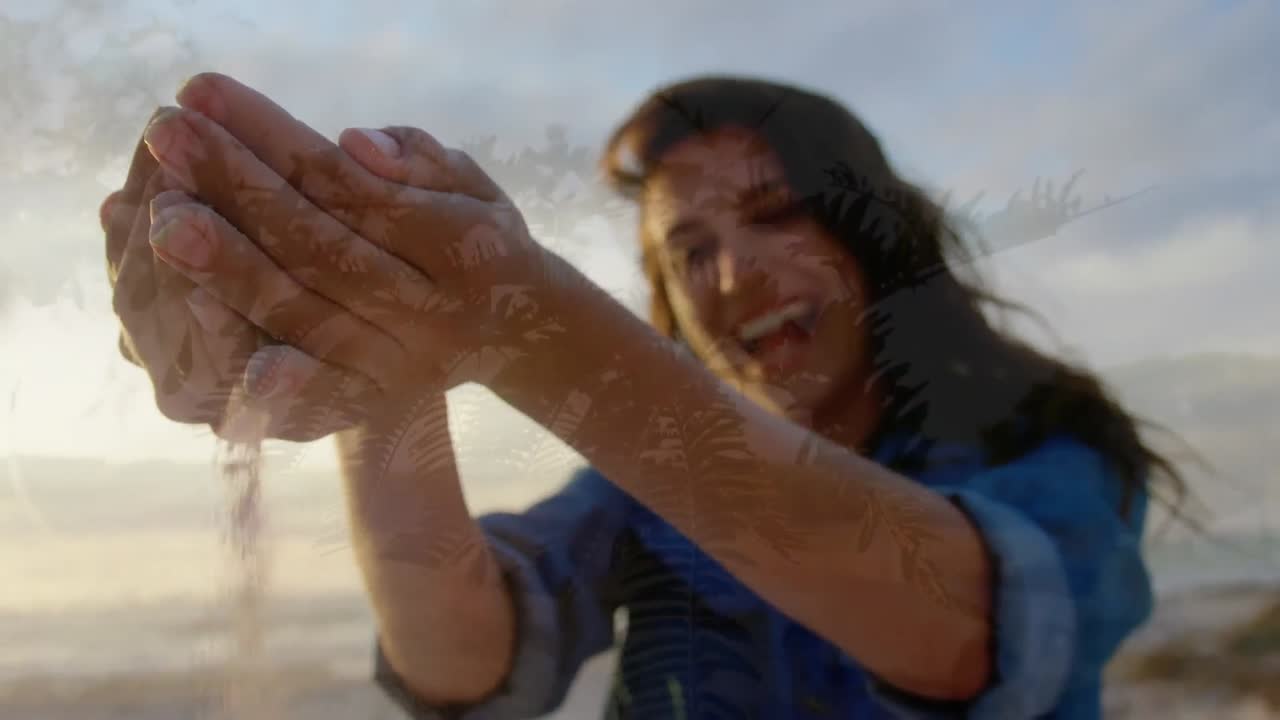 animación de un árbol sobre una mujer caucásica sonriendo