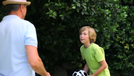 Vater-Und-Sohn-Spielen-Mit-Einem-Fußball-Im-Garten