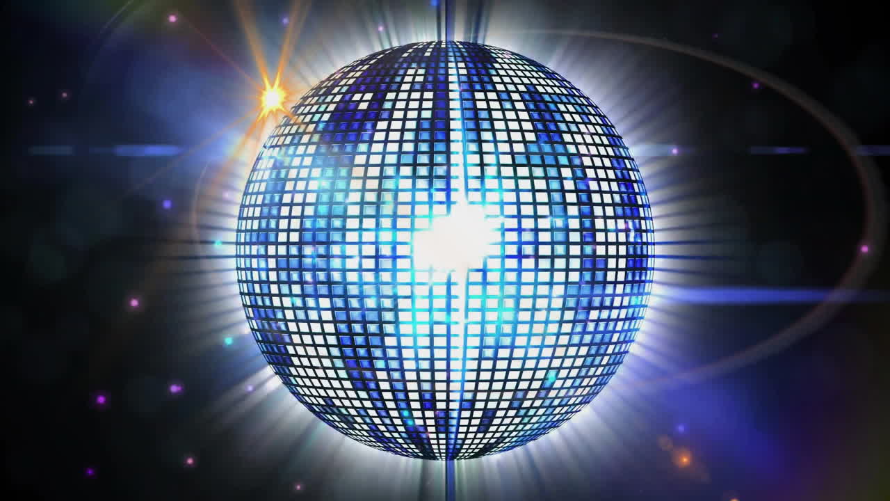 Animazione di palla da discoteca blu luminosa con raggi di luce e scintille