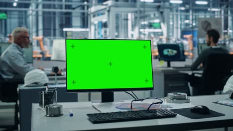 fábrica de automóviles: en el escritorio pantalla verde clave croma computadora. en el fondo diverso equipo de ingenieros trabajan en la oficina de la línea de ensamblaje de brazo de robot automático vehículos de fabricación
