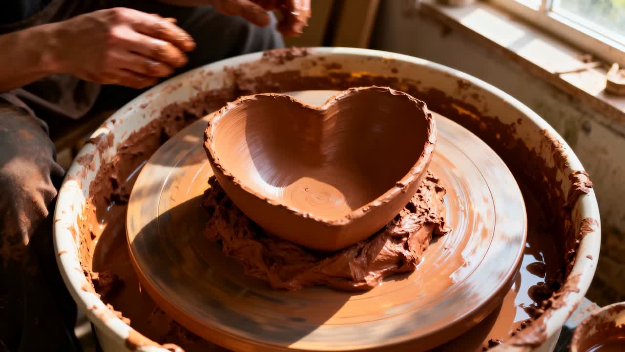 Entering potter's hands shaping and smoothing heart bowl on potter's wheel, clay-stained shirt