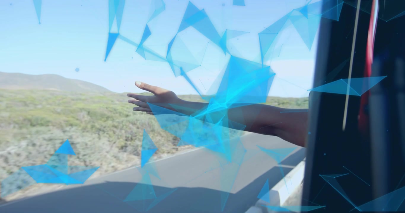 Tech demo showing woman extending arm out red car window, breeze animating blue mesh around hand