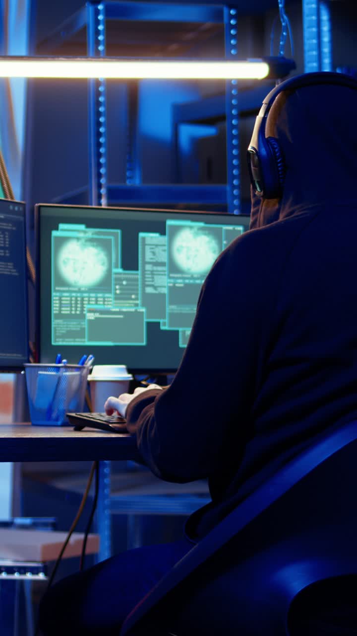 Vertical video Hooded man in underground hideaway hacking computers