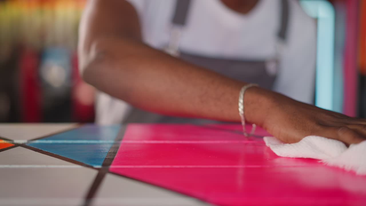 Barman cleans counter in club closeup. Black waiter wipes colorful countertop in bar. African American bartender removes dirt from desk in cafe