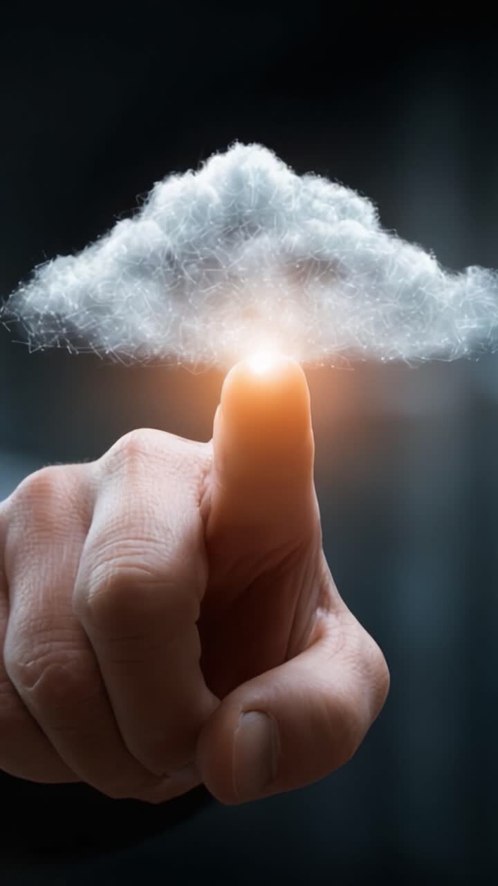Uma Mão Tocando uma Nuvem Suave com Luz Brilhante: Uma Metáfora para Ideias, Inovação e Imaginação em um Mundo Digital.