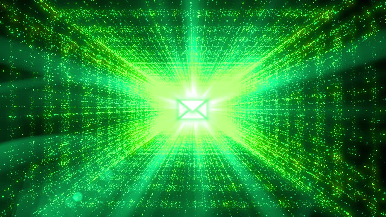 forma de correo electrónico luz brillo trazo de neón parpadeo animación de bucle de partículas