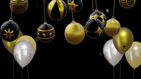 animation of gold and silver balloons with baubles on black background