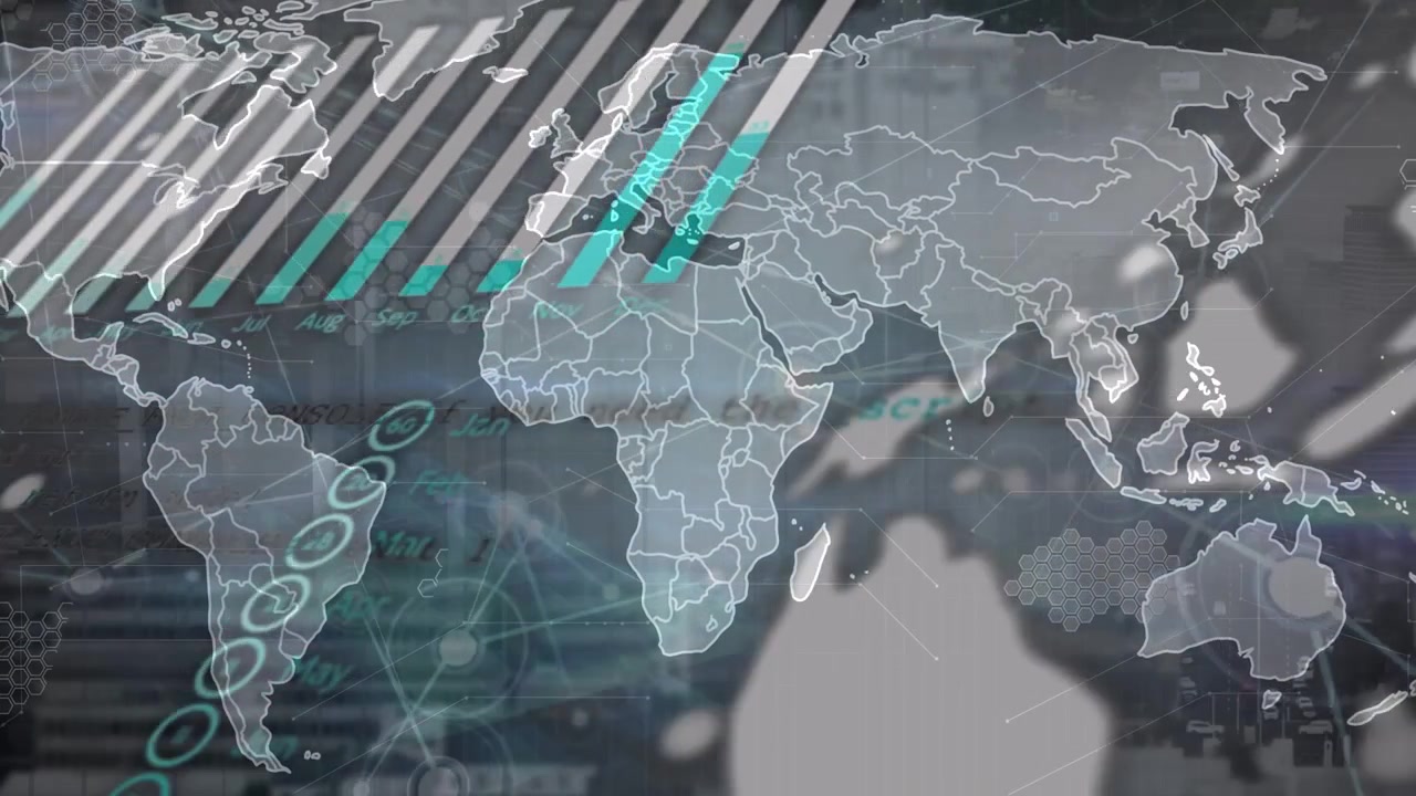 Animation of world map over data processing on black background