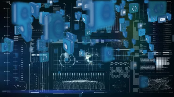 Internet icons floating over a screen with graphs and codes
