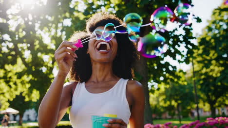 joyful woman blowing bubbles in a sunny park