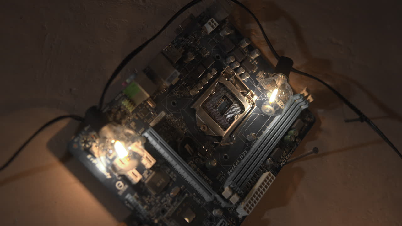 Exposed Motherboard Under Warm Bulbs, Closeup Of Processor Socket And Illuminated Test Lamps On Power Rails. Media