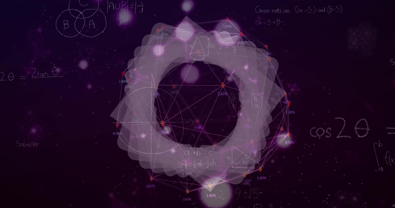 Animation of molecules over rotating shapes and math formulas on black background