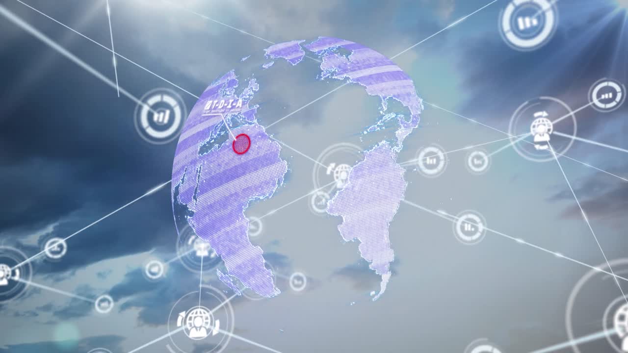 구름 하늘에 대한 지구상의 빨간 원 위에 연결된 아이콘 위에 미사일의 애니메이션