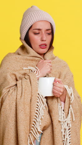 woman wrapped in blanket wearing hat adding honey to tea slowly drinking caring for sore throat