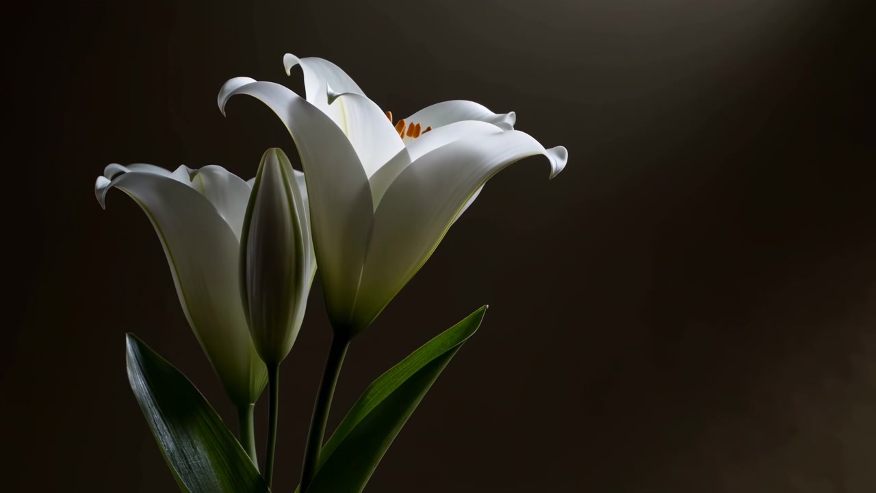 To hvite liljer med grønne blader er forsiktig opplyst på venstre side mot en mørk, uskarp bakgrunn, som skaper en rolig og elegant blomsterscene.