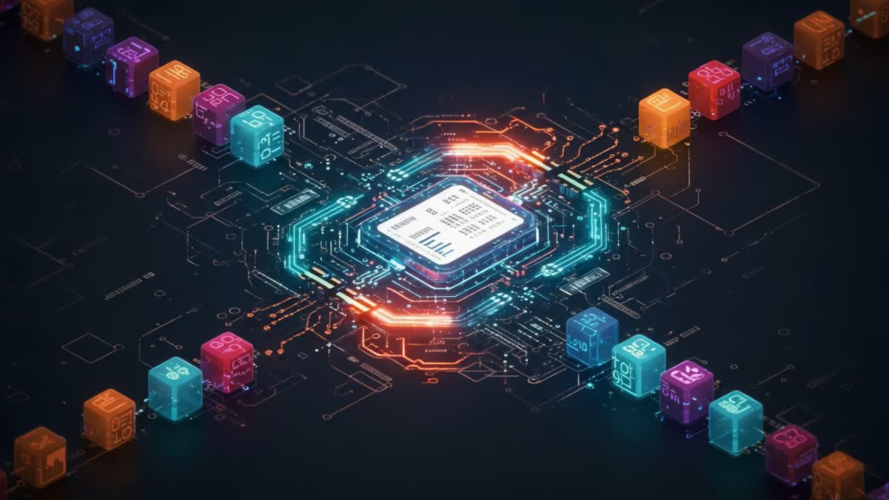 Intricate Digital Circuit Showcasing a Central Processing Unit Surrounded by Colorful Data Blocks, Depicting Advanced Technology and Connectivity Concepts in a Futuristic Setting