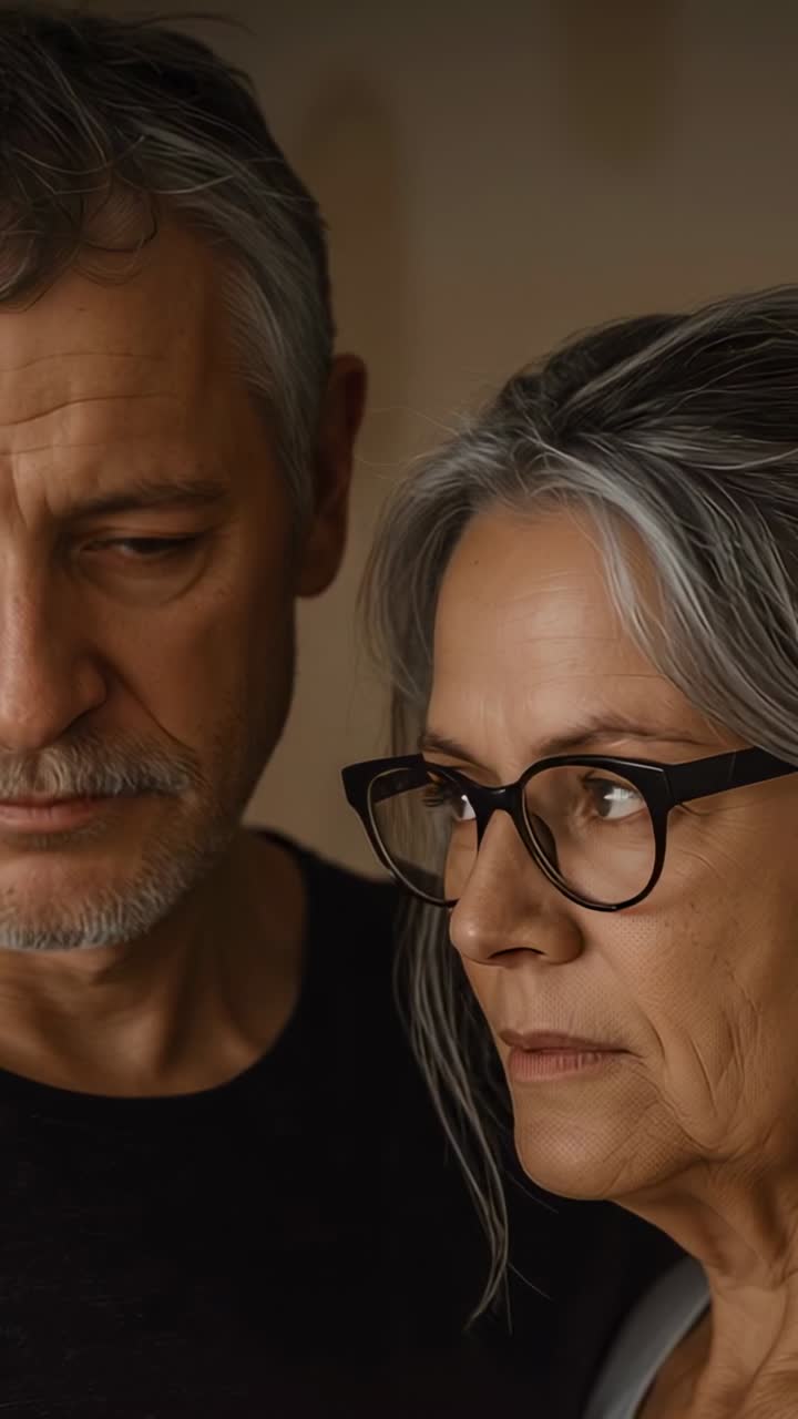 Vídeo vertical: Observando foco fora da tela, dois idosos recostados em casa, usando óculos.