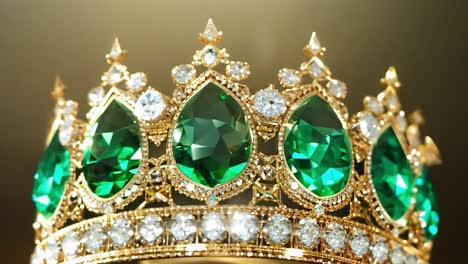 close-up of a gold crown with emerald gemstones