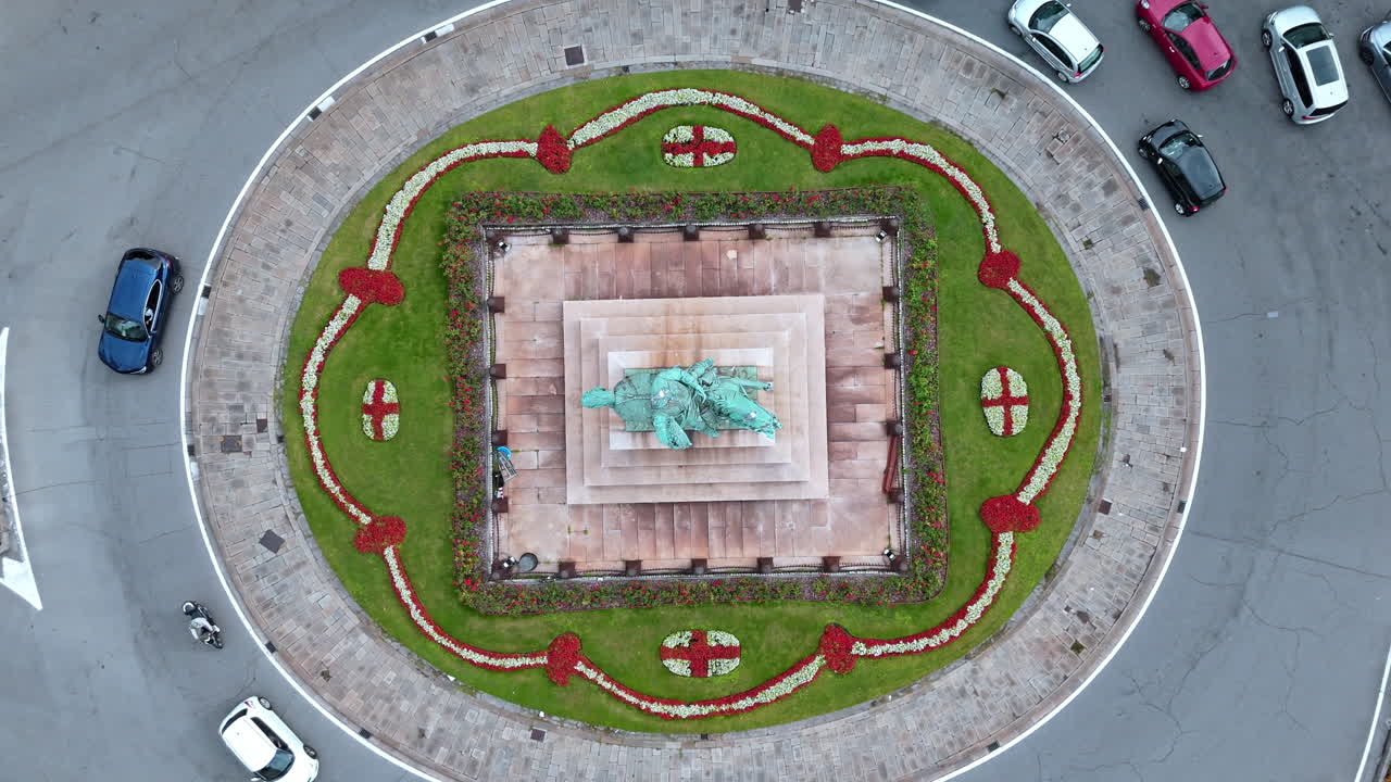 Aerial descent at Piazza Corvetto with equestrian statue of Vittorio Emanuele II